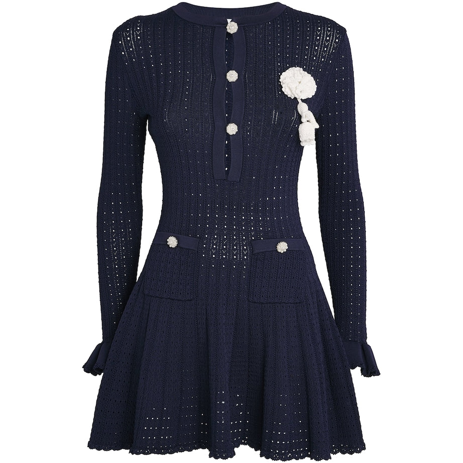 Self-Portrait Blue Pointelle Flower-Detail Mini Dress