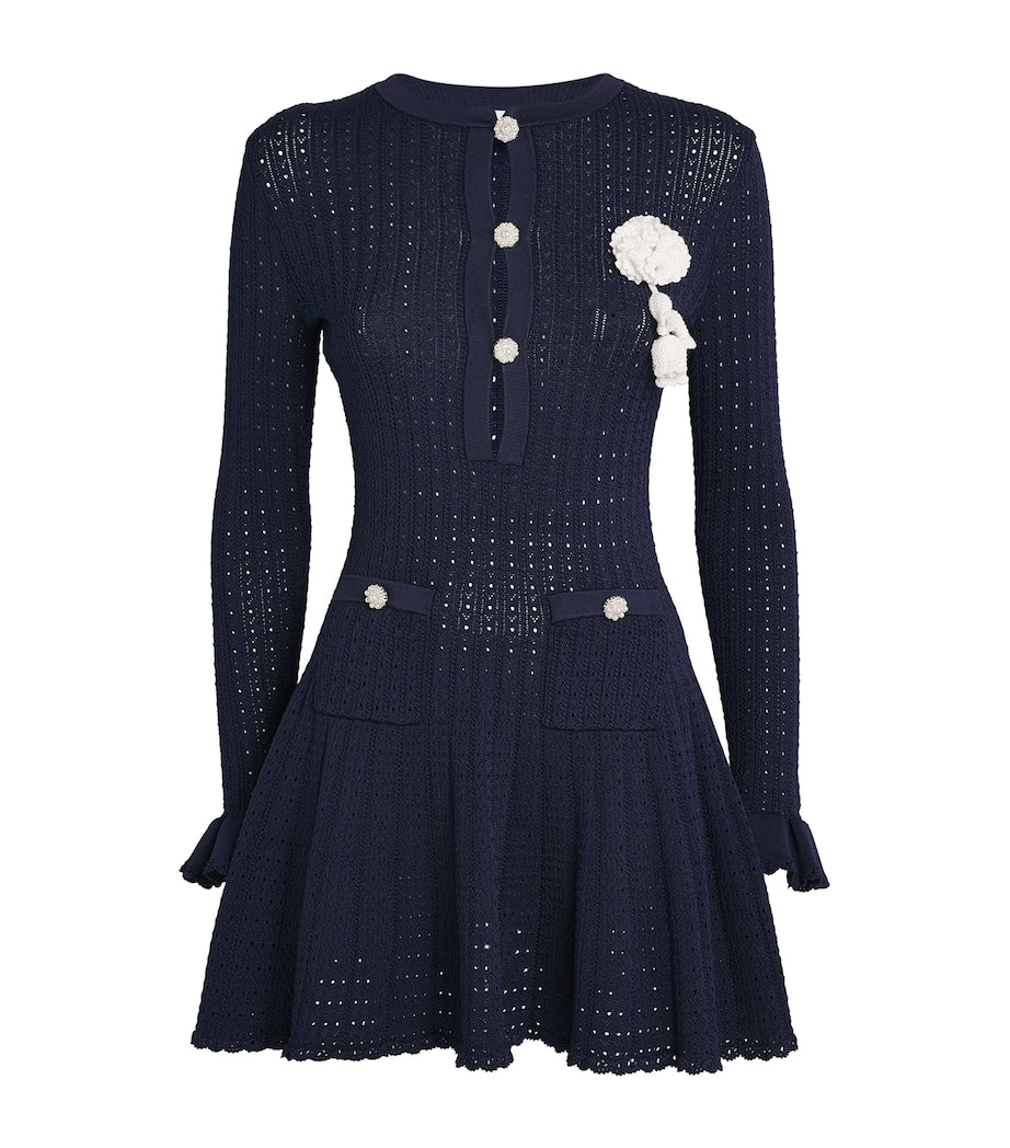 Self-Portrait Blue Pointelle Flower-Detail Mini Dress