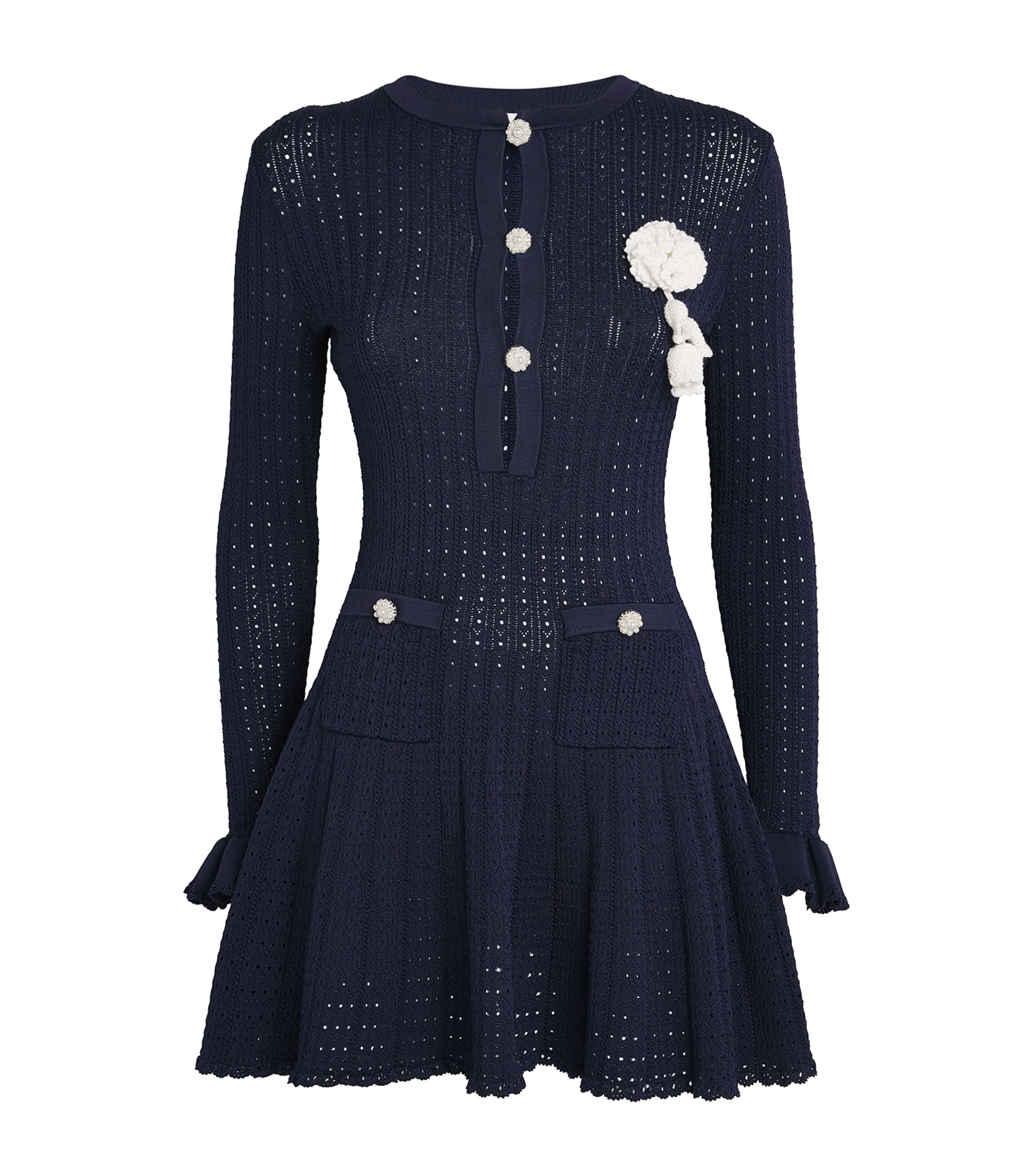 Self-Portrait Blue Pointelle Flower-Detail Mini Dress