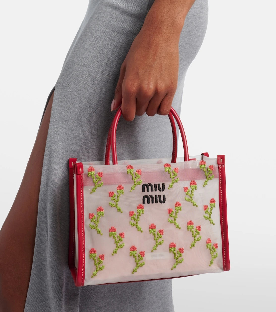 Miu Miu - Embroidered leather-trimmed mesh top-handle bag