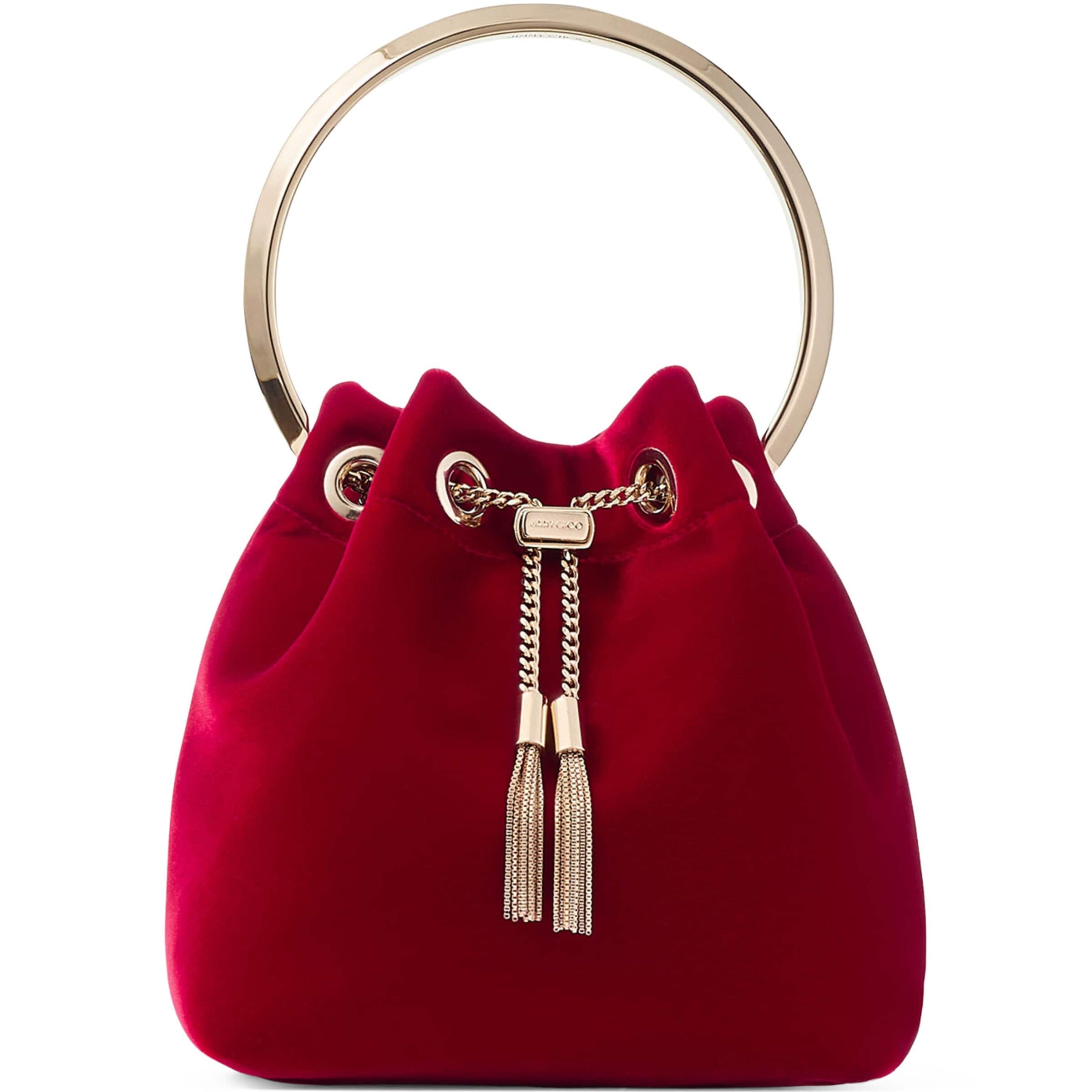 Jimmy Choo Red Bon Bon Velvet Bucket Bag