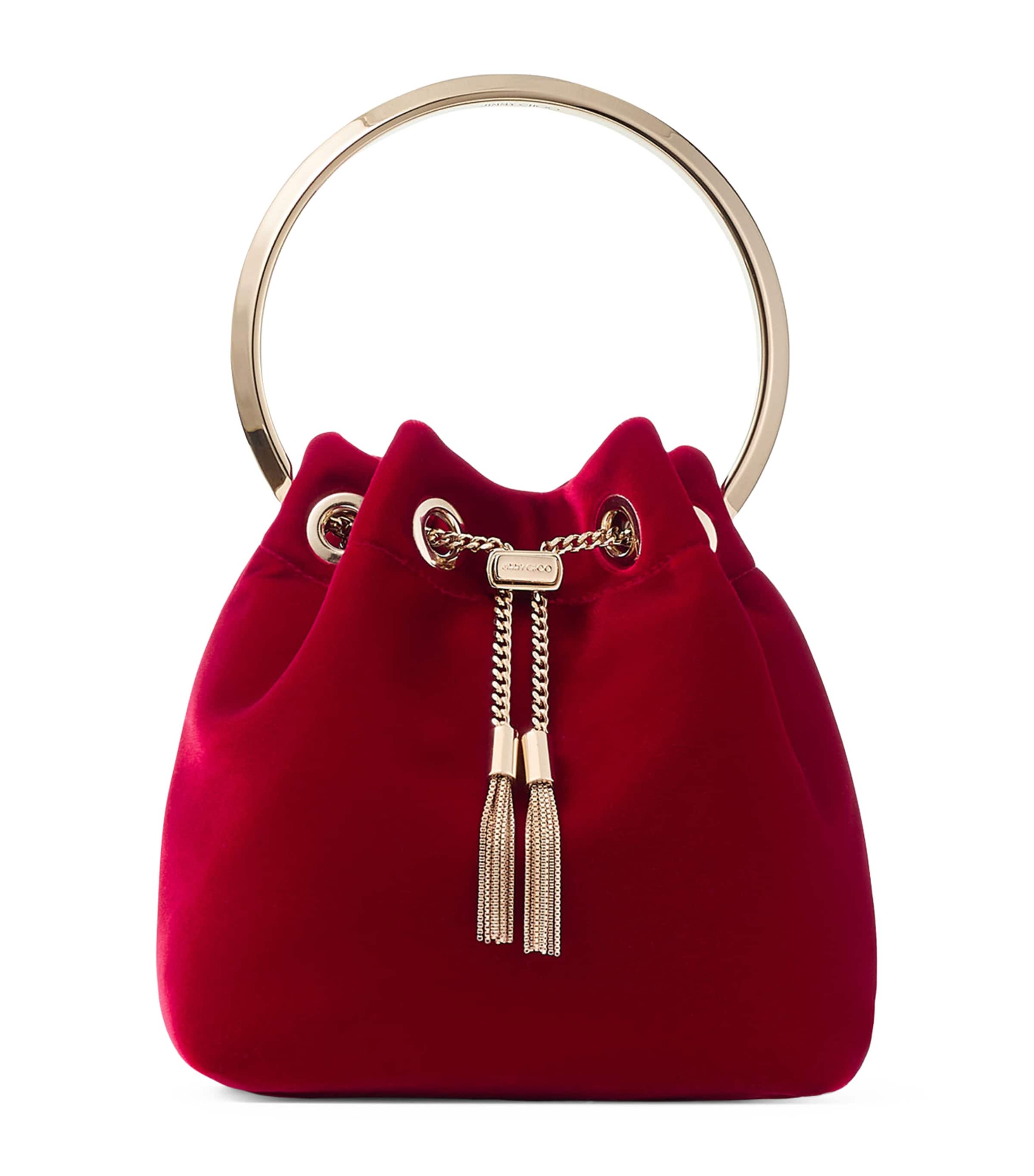 Jimmy Choo Red Bon Bon Velvet Bucket Bag