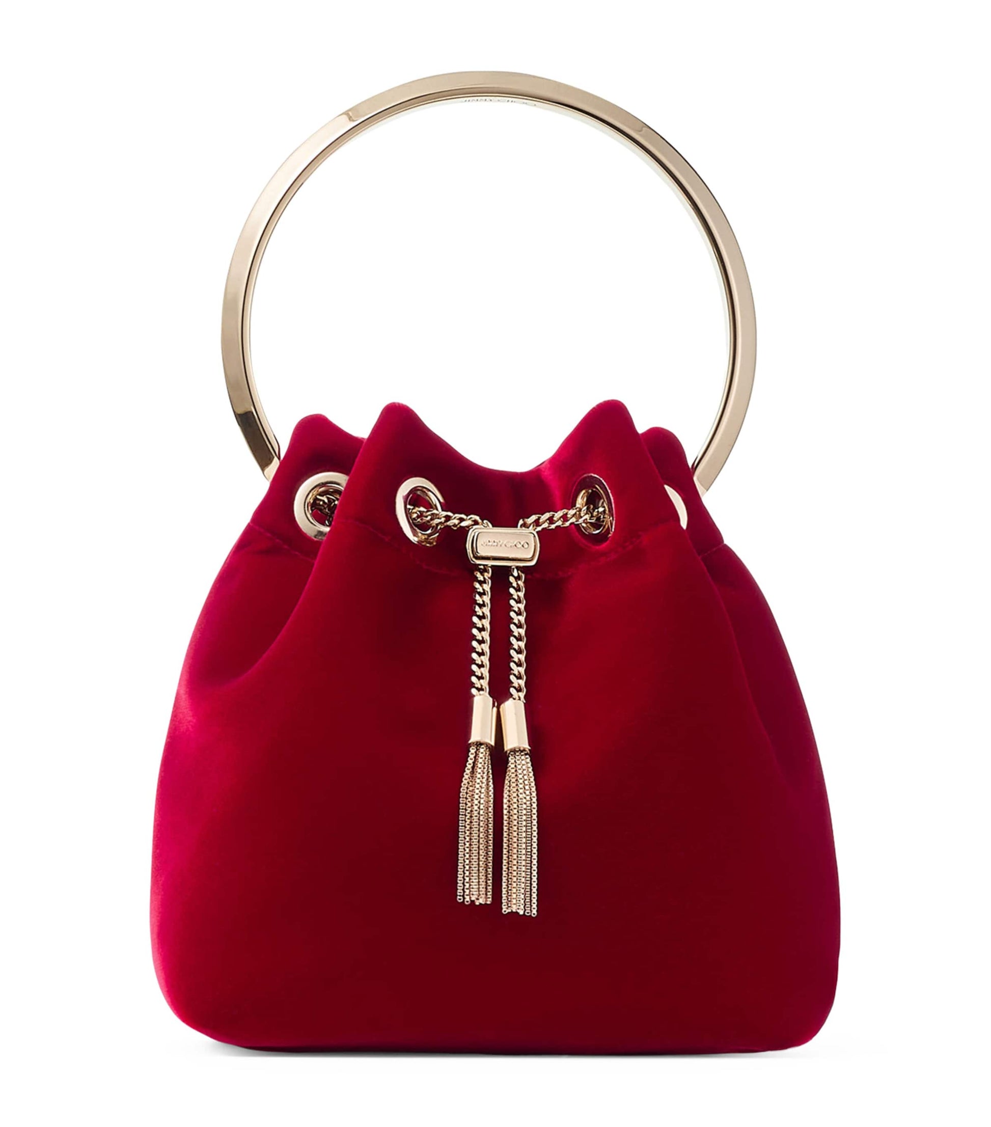 Jimmy Choo Red Bon Bon Velvet Bucket Bag