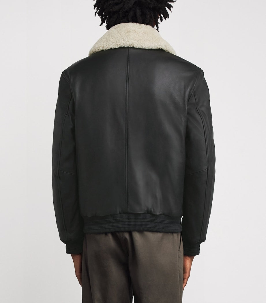 Moose Knuckles Black Shearling-Trim Leather Bomber Jacket