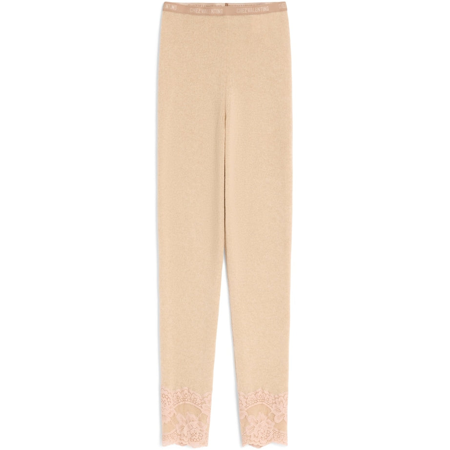 Valentino Nude Cashmere Floral-Hem Leggings