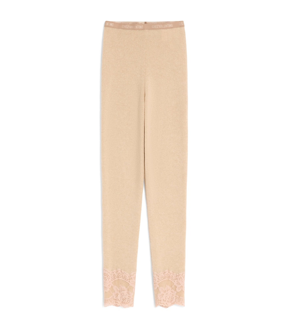 Valentino Nude Cashmere Floral-Hem Leggings