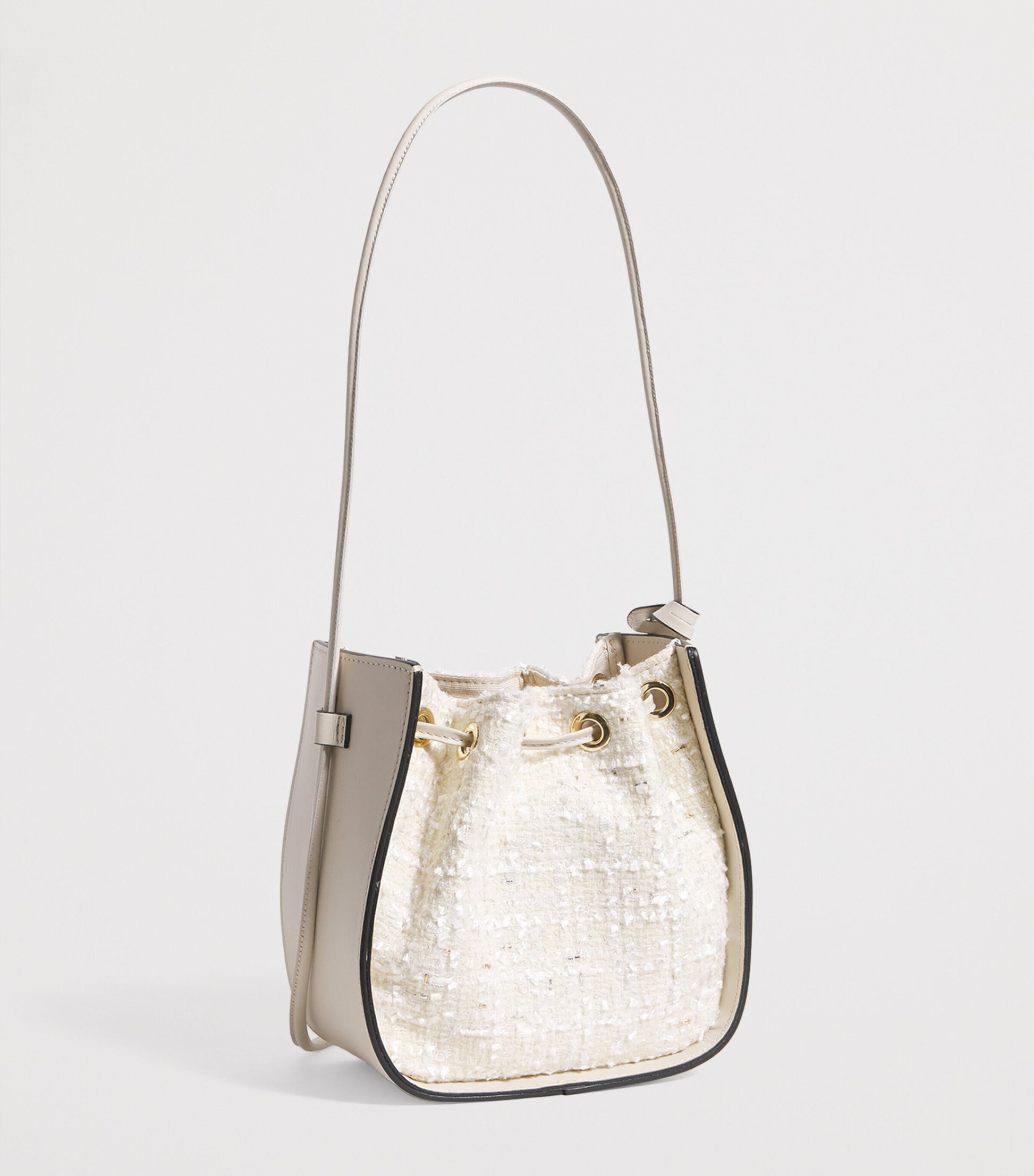 White Leather-Tweed Drawstring Bucket Bag