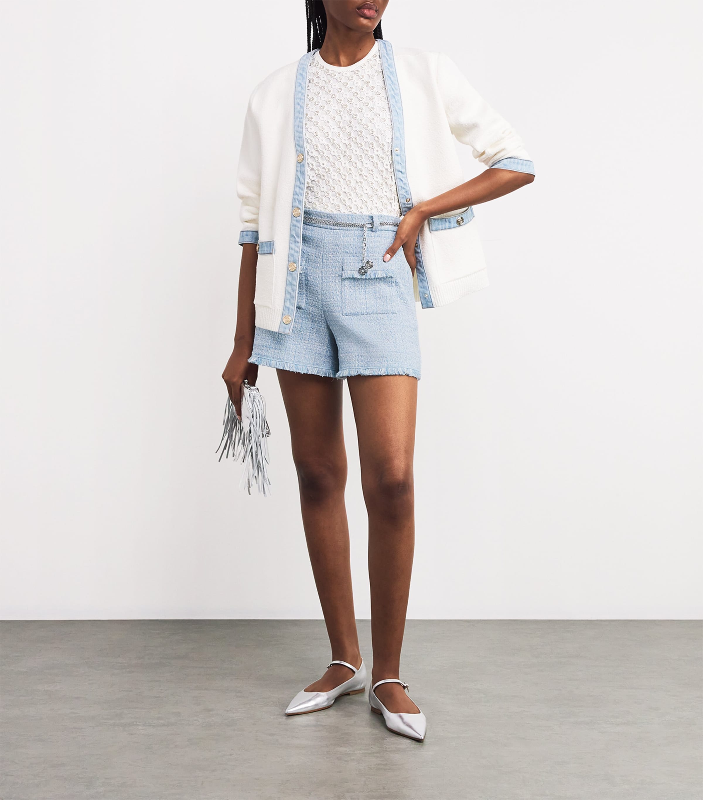 Blue Cotton-Blend Belted Tweed Shorts