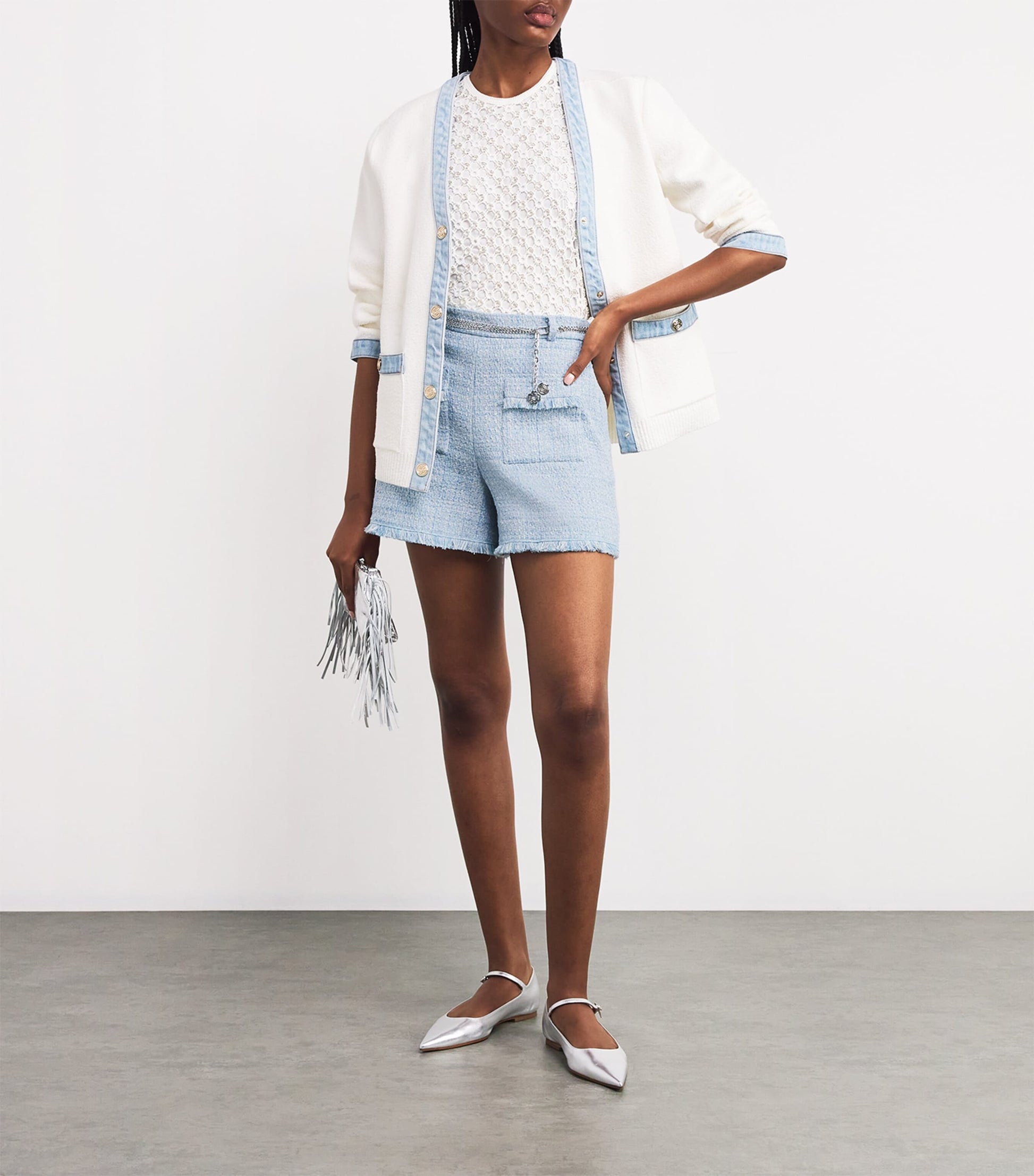 Blue Cotton-Blend Belted Tweed Shorts