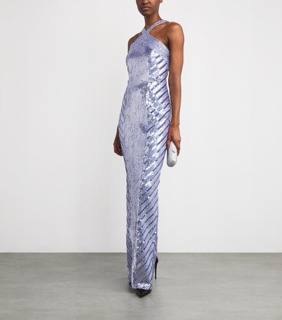 Pamella Roland Blue Sequinned Embellished Halterneck Gown