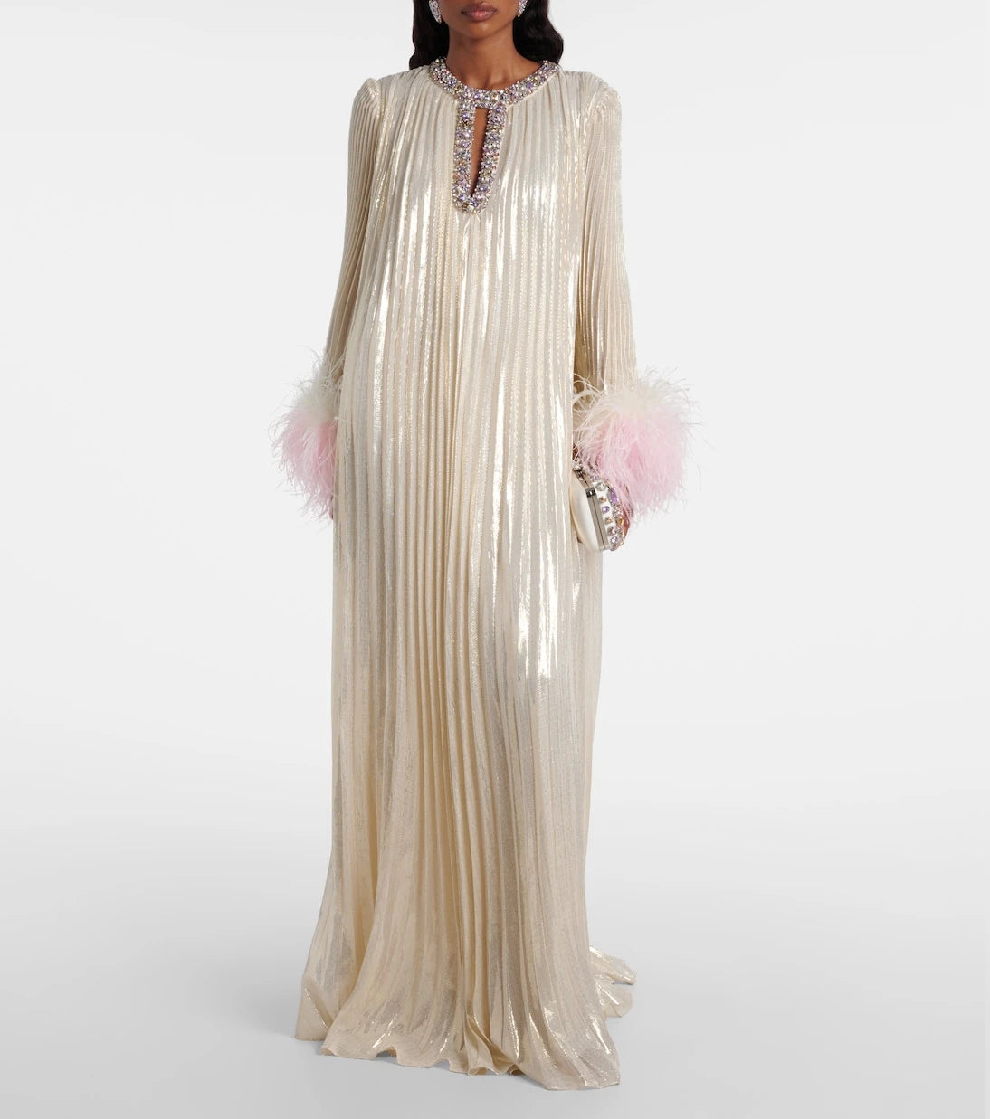 Self-Portrait - Embellished feather-trimmed silk-blend maxi dress