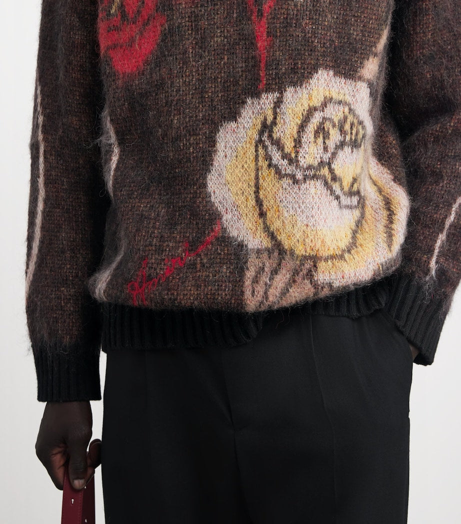 AMIRI Black Mohair-Wool-Blend Floral Sweater