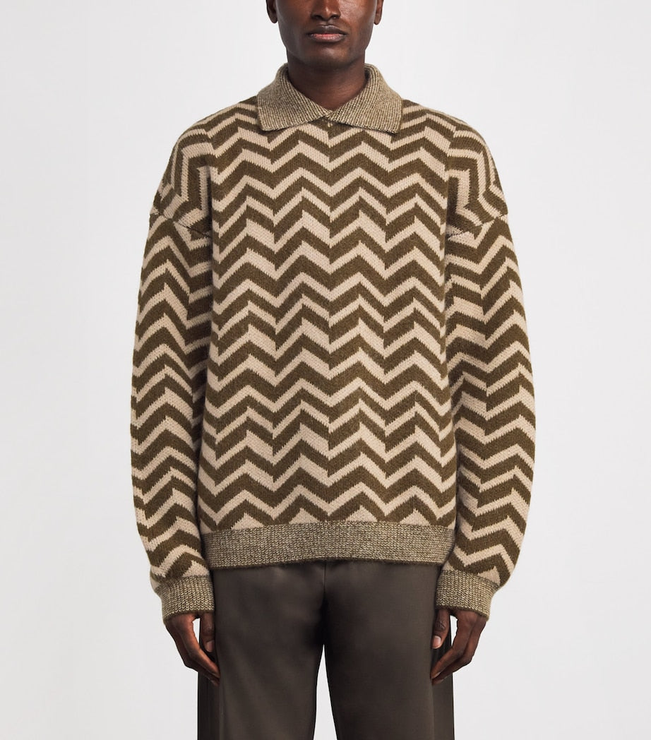 Brown Wool-Blend Chevron Jacquard Sweater