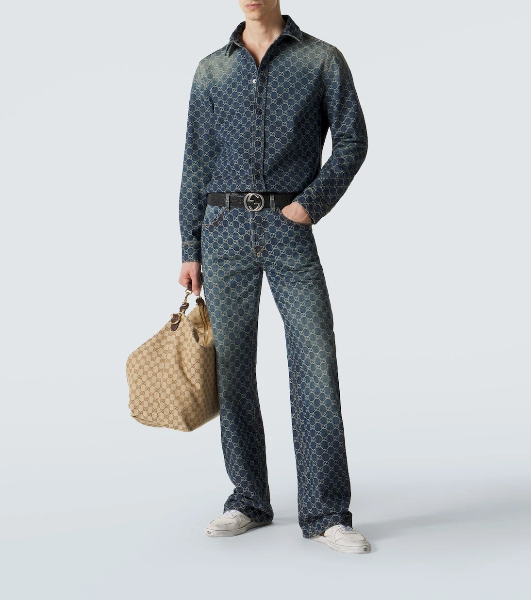 Gucci - قميص من الدنيم الجاكار بنقشة GG
