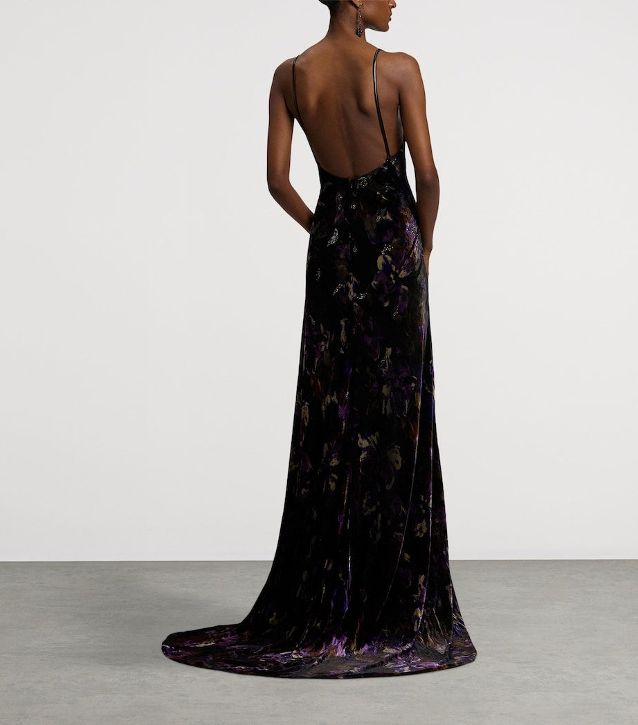 Black Velvet Embellished Floral Evening Dress
