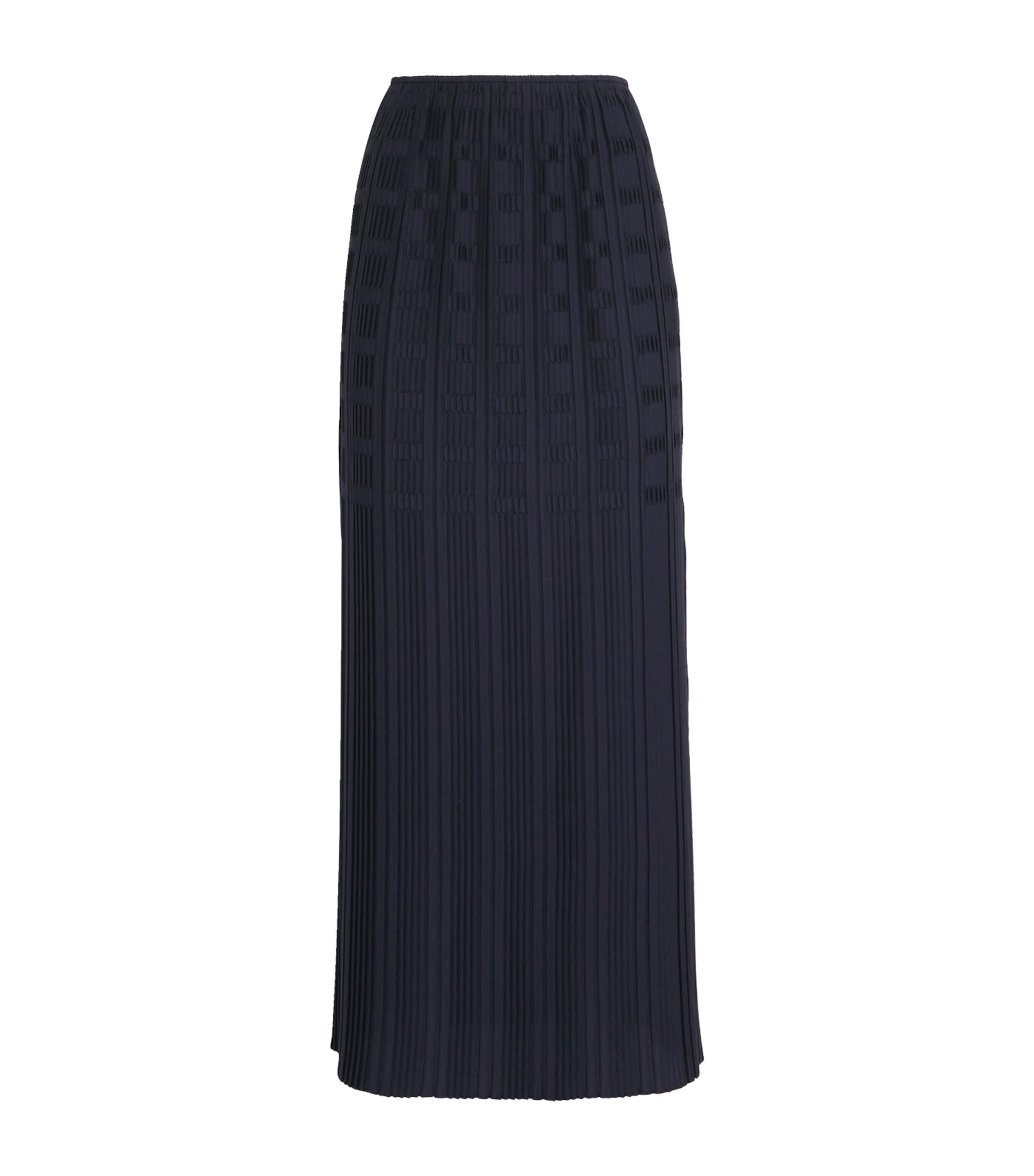 Navy Basketweave Plissé Midi Skirt