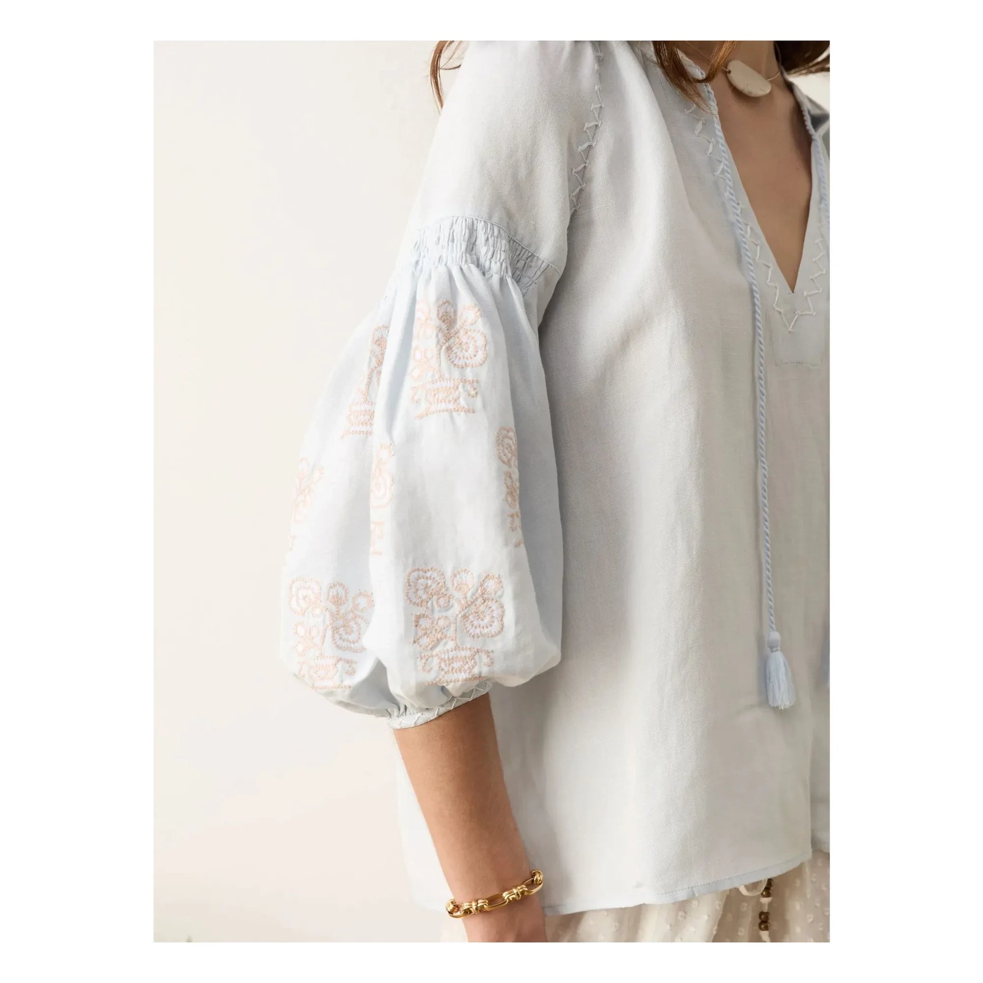Boteh - Melissa Cotton Embroidery Blouse | Light blue