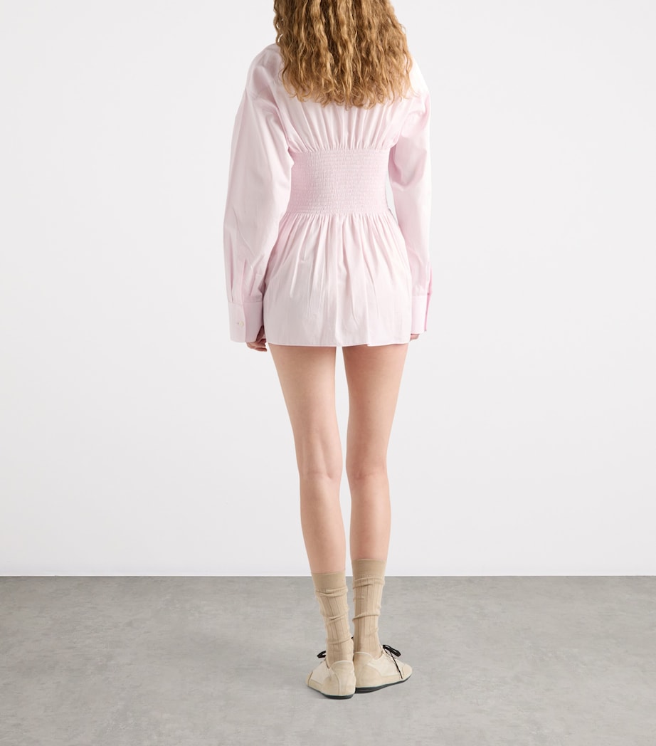 Pink Poplin Smocked-Waist Shirt Dress