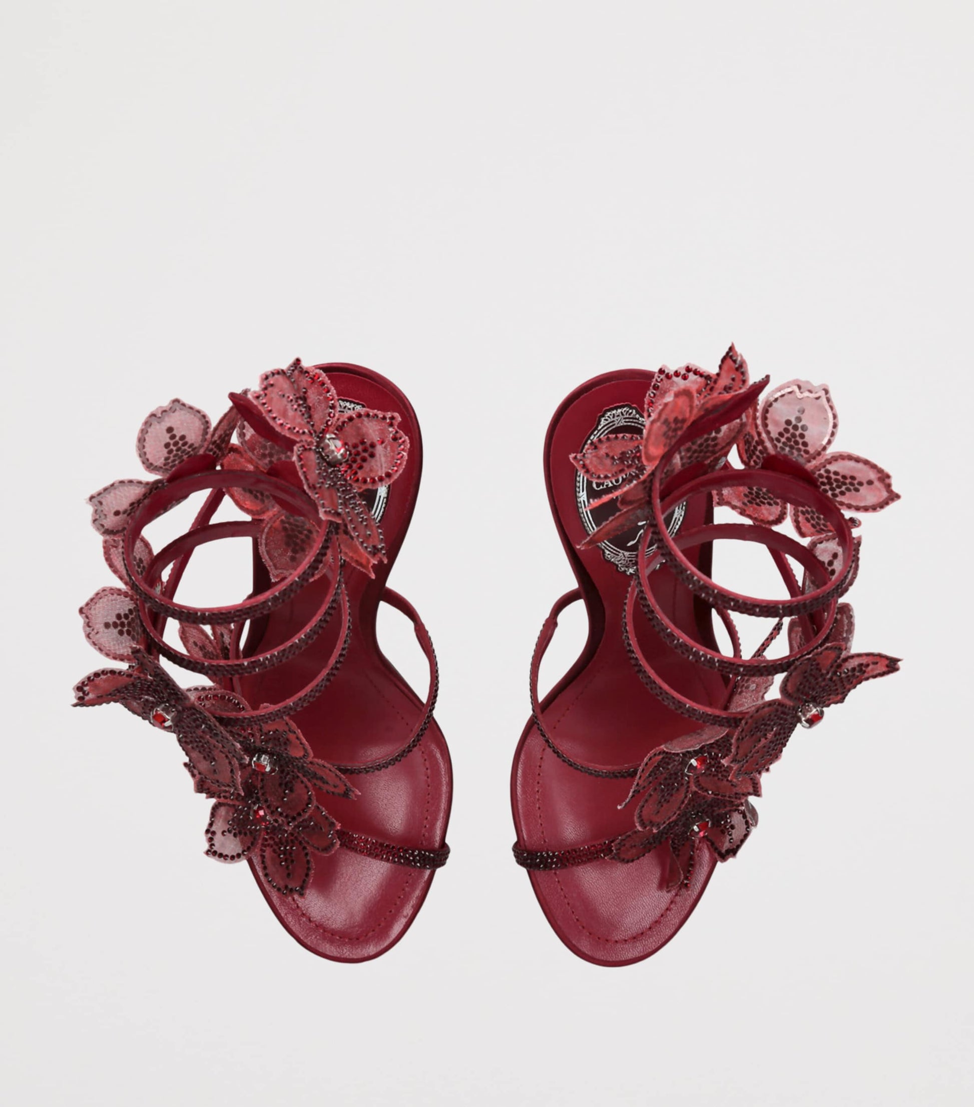 René Caovilla Burgundy Satin Floral Cleo Sandals 105