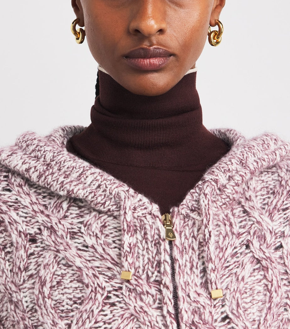 Eleventy Burgundy Wool-Blend Cable-Knit Zip-Up Hoodie