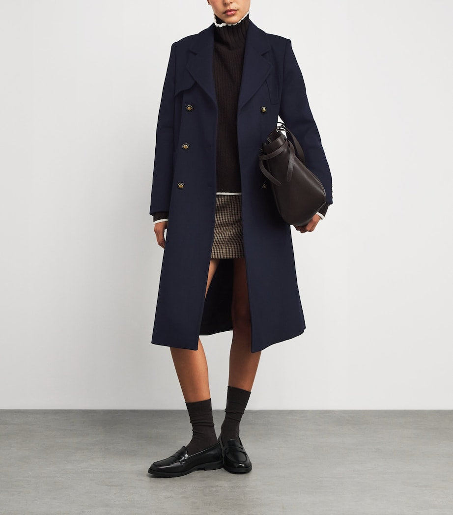 Blue Double-Breasted Long Coat