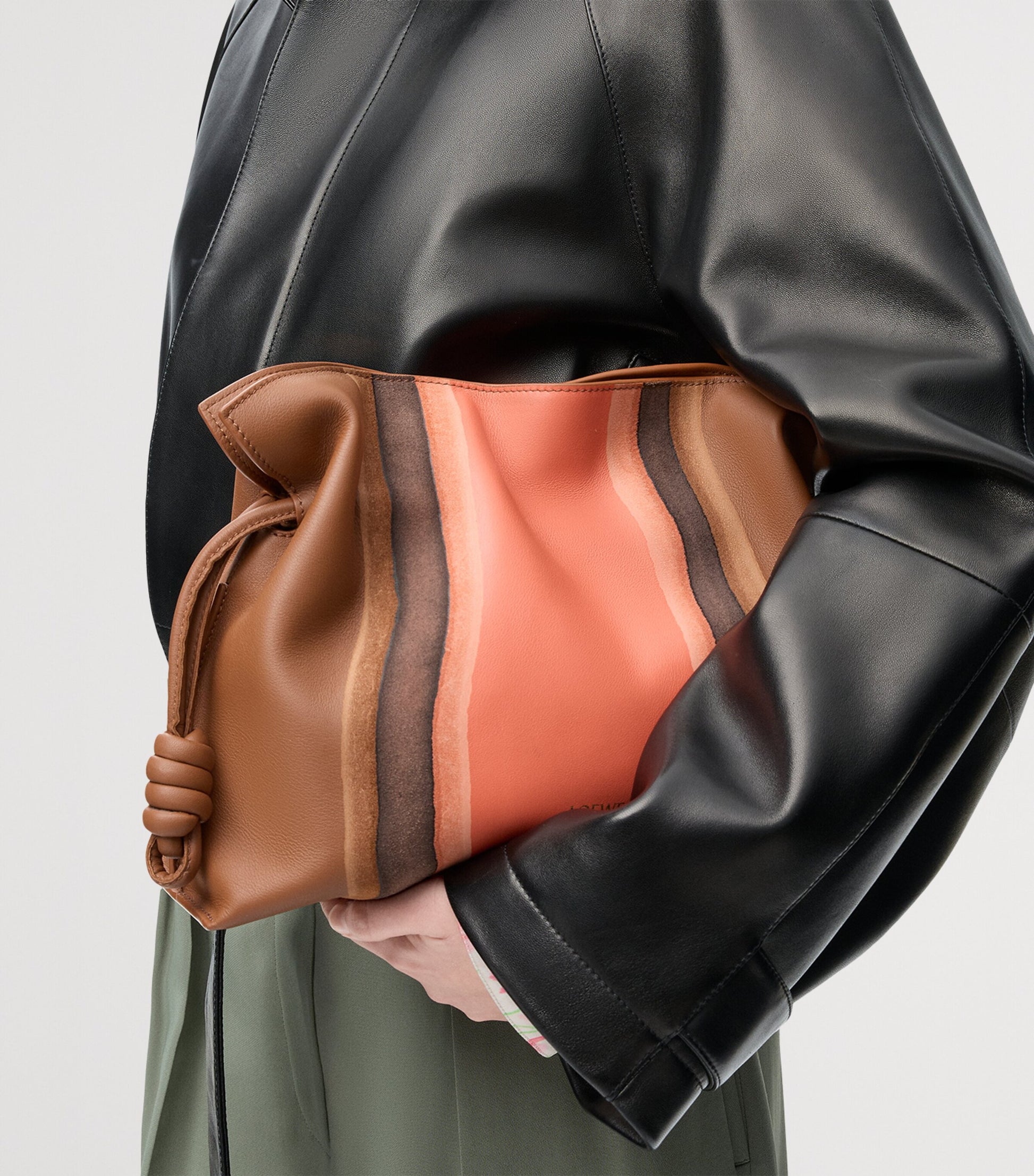 LOEWE Brown Leather Stripe Flamenco Clutch Bag