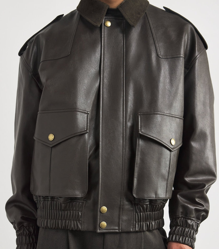 System Brown Faux Leather Bomber Jacket