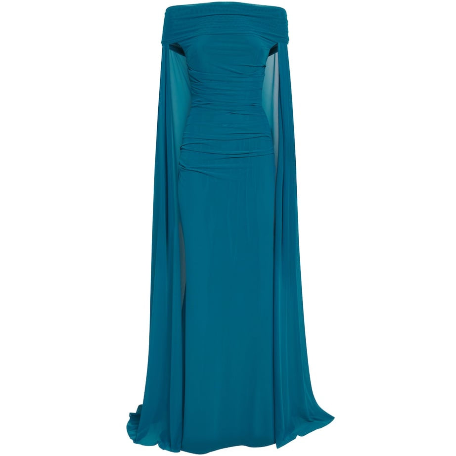 Tulle Cape-Overlay Gown