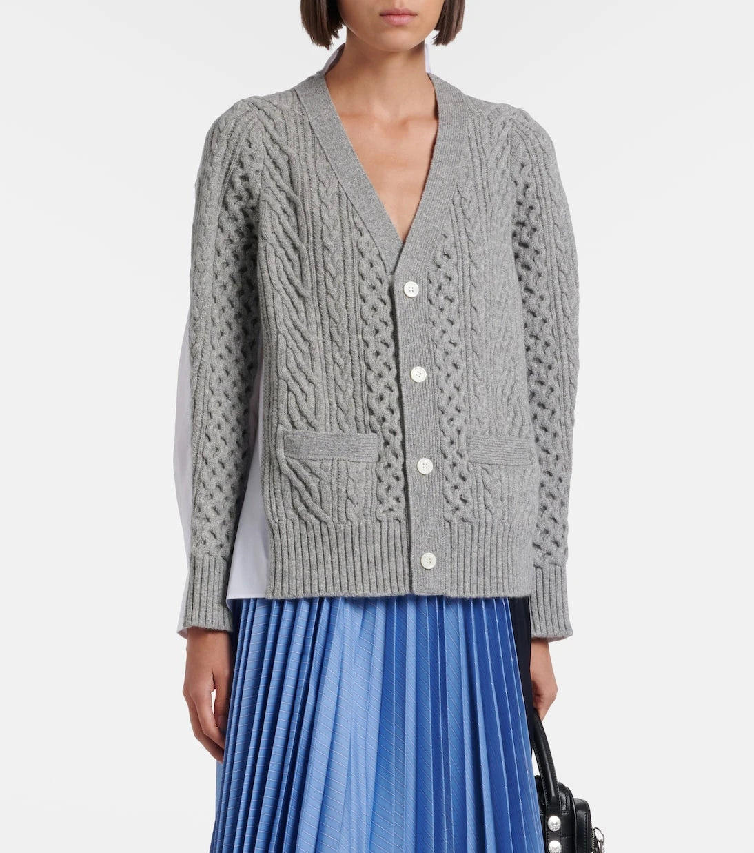 Sacai - Cable-knit wool and poplin cardigan