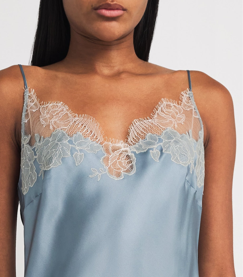 Carine Gilson Blue Silk Lace-Trim Short Slip Dress