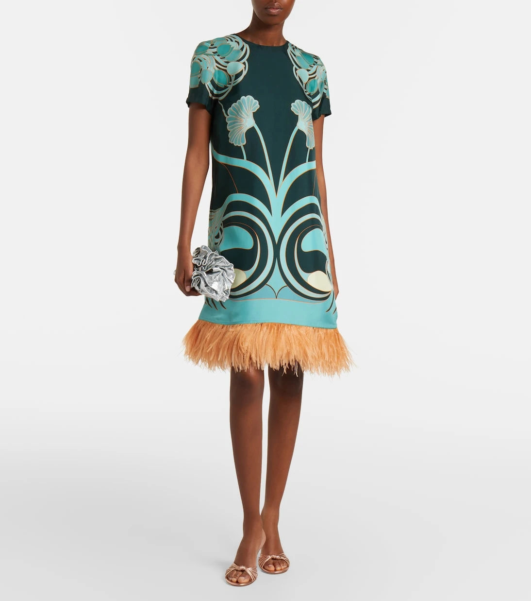 La DoubleJ - Swing feather-trimmed floral silk twill minidress