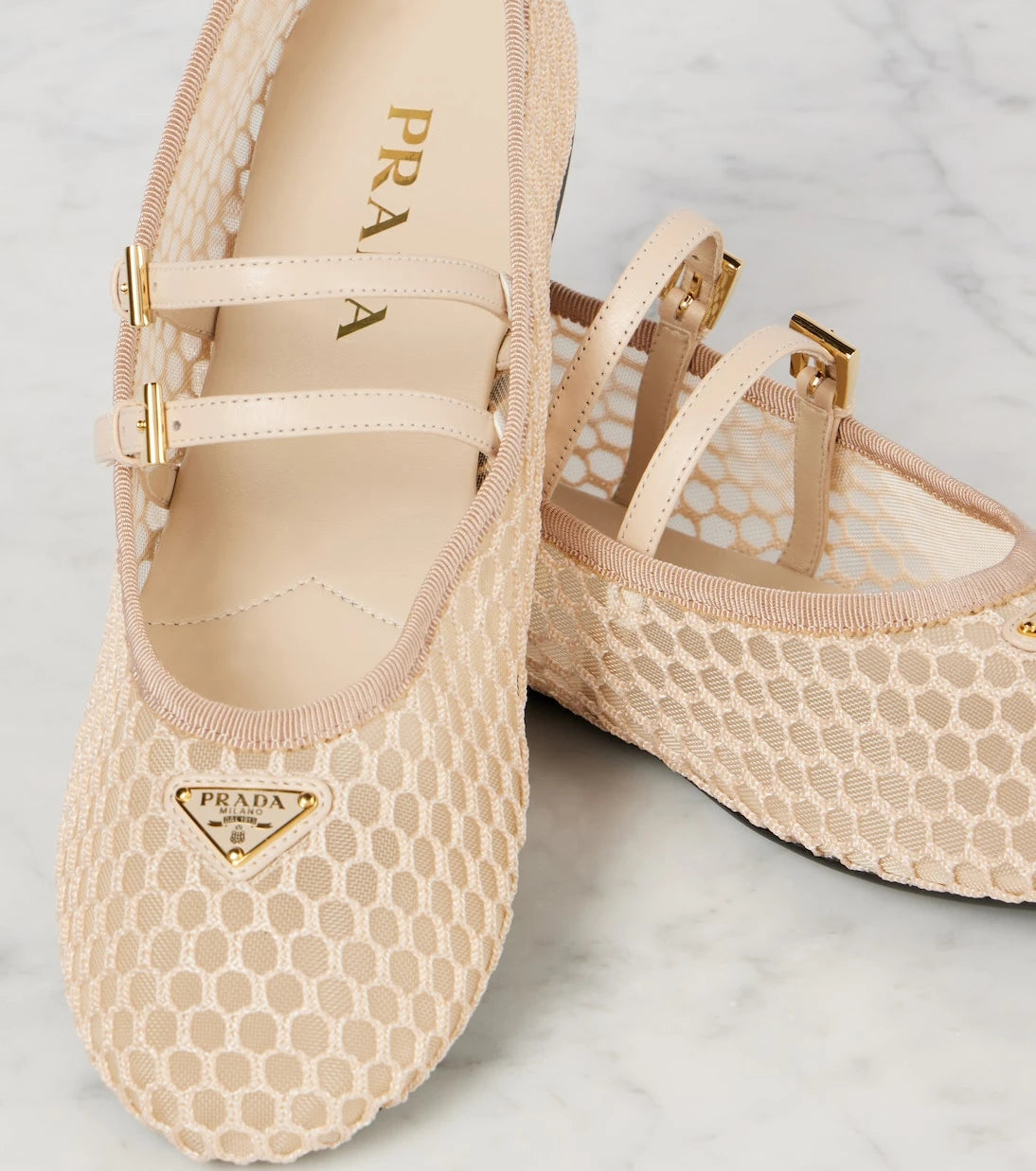 Prada - Macramé mesh Mary Jane flats