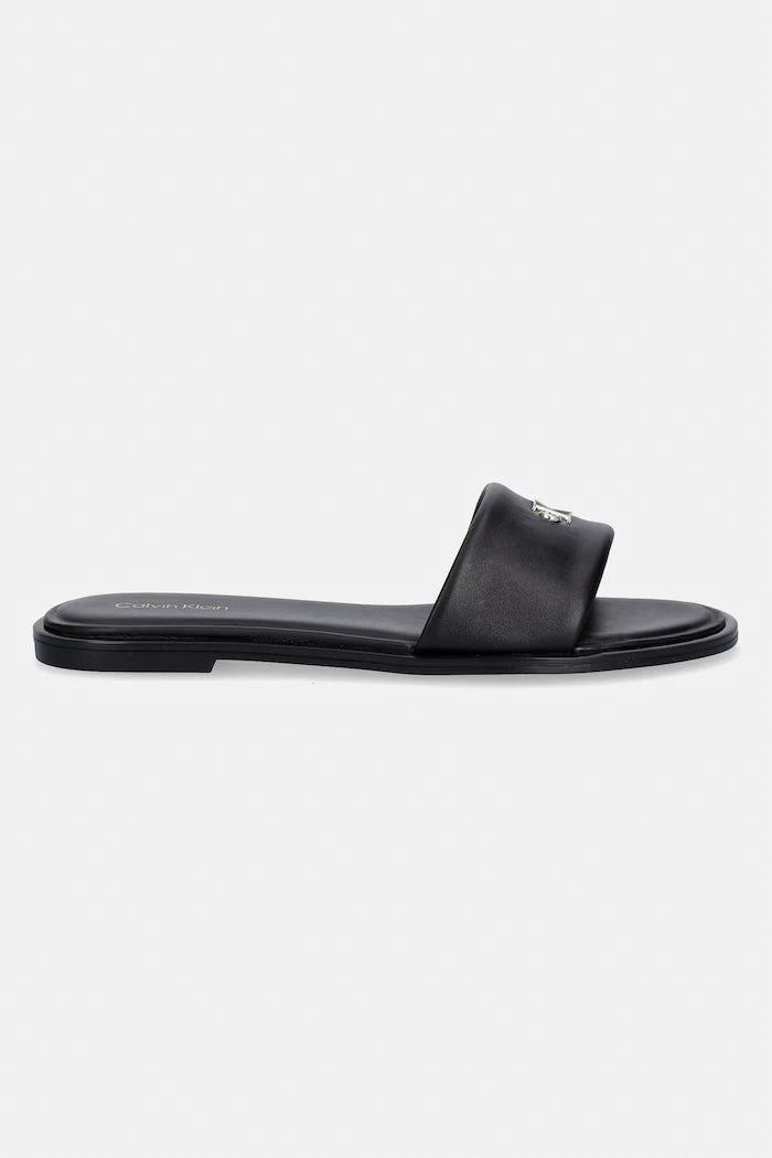 Calvin Klein чехли дамски от кожа ROUND FLAT SNDL LTH BAR HW 2