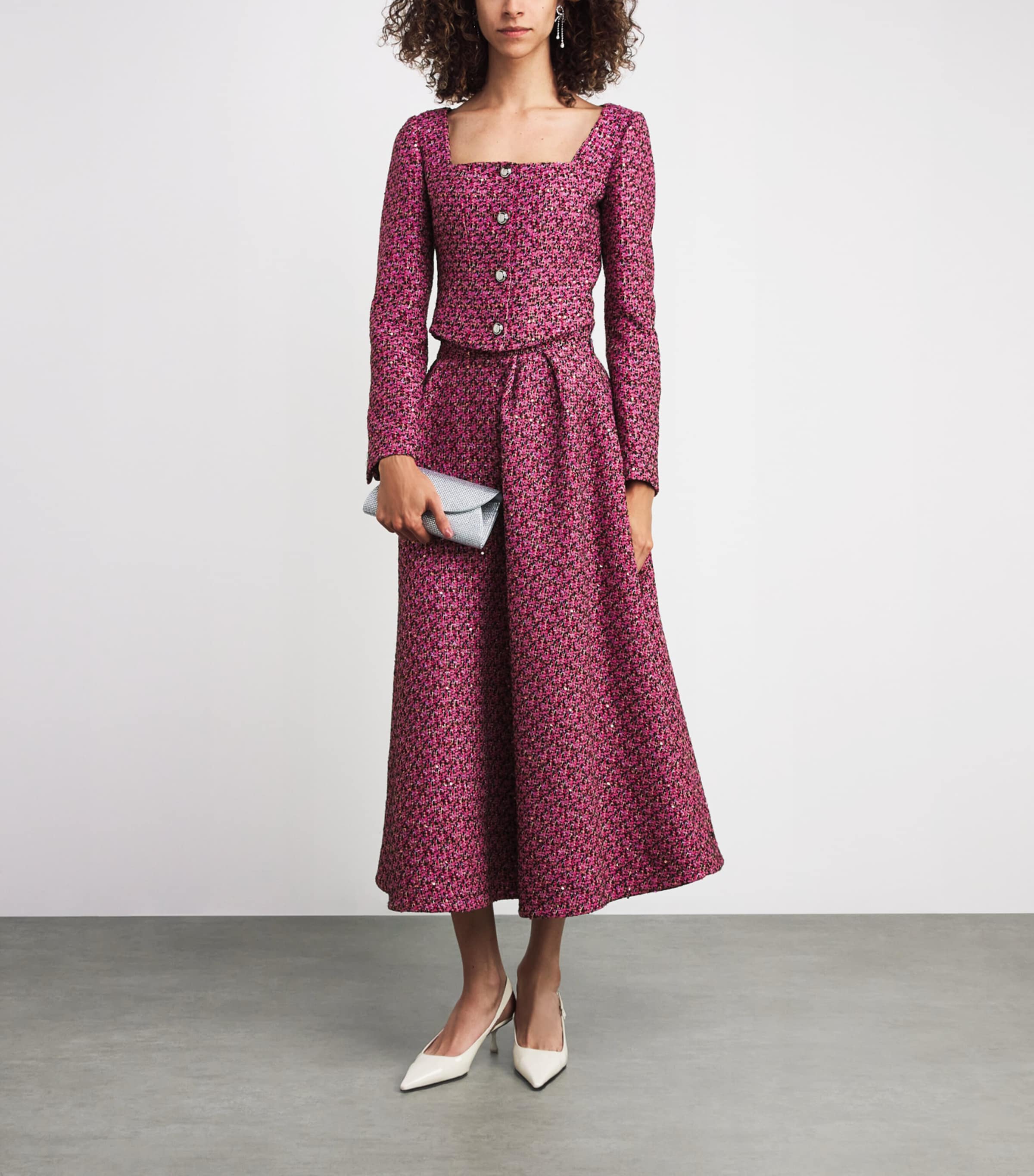 Wool-Blend Tweed Embellished Midi Skirt