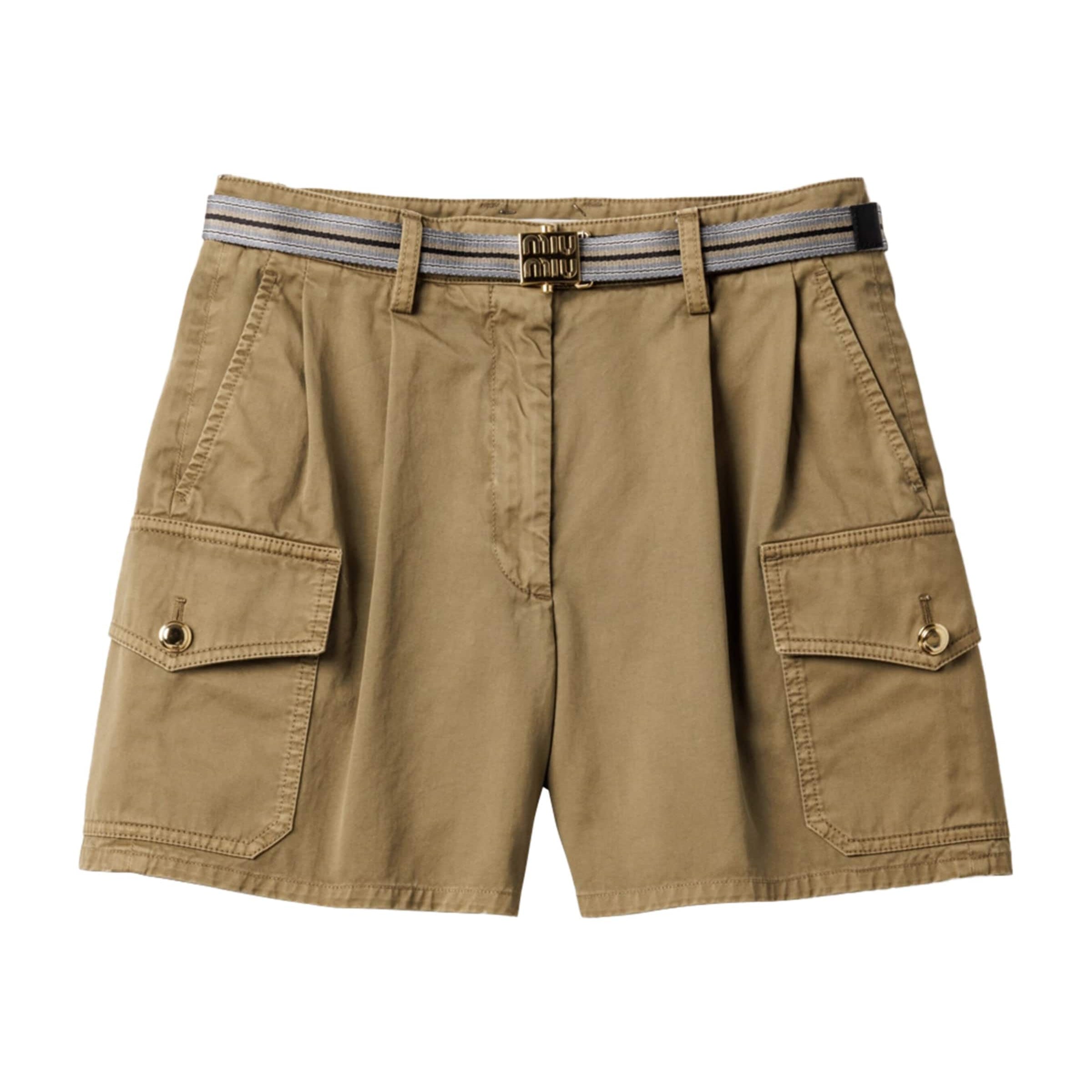 Green Cotton Belted Cargo Shorts