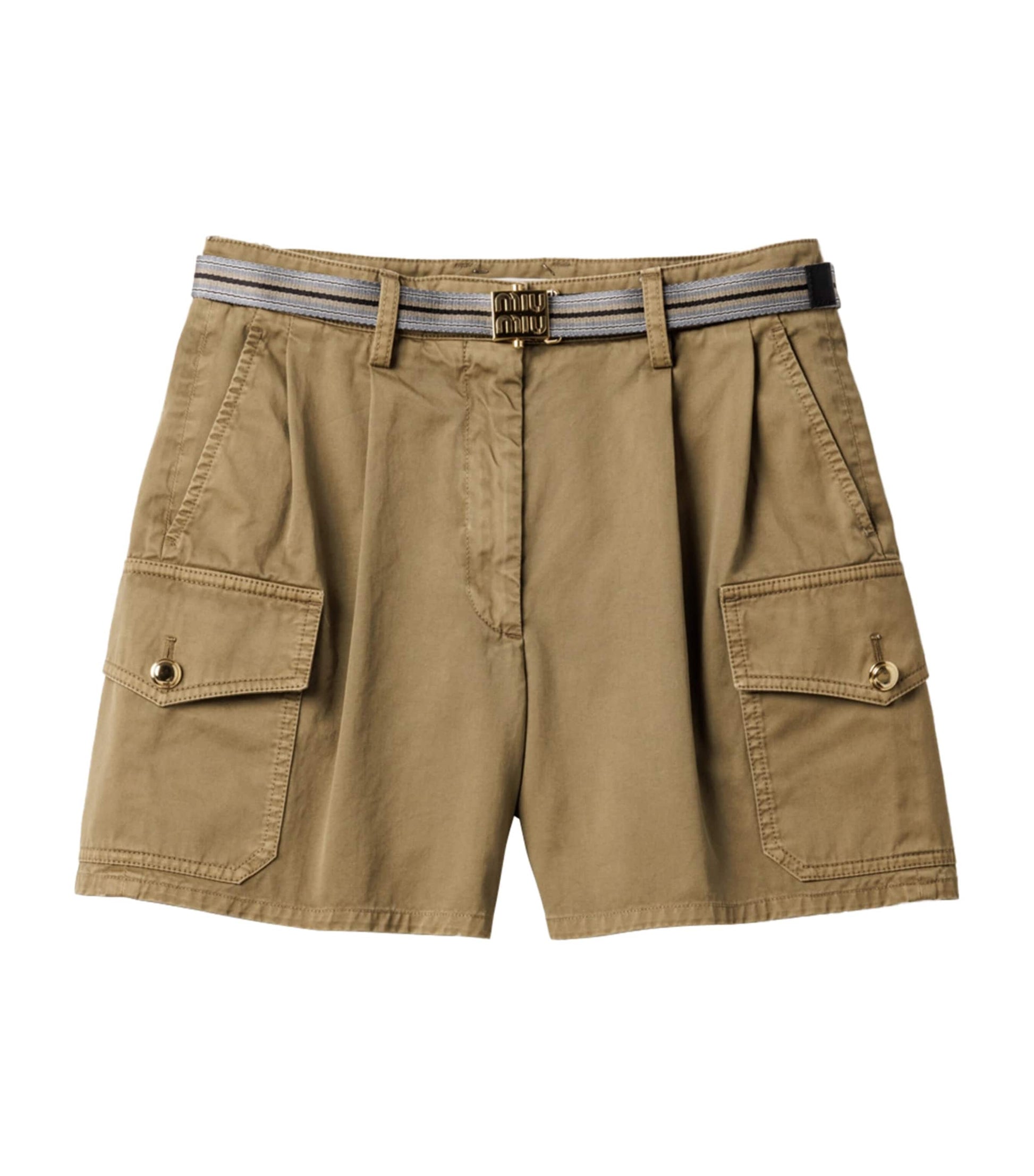 Green Cotton Belted Cargo Shorts