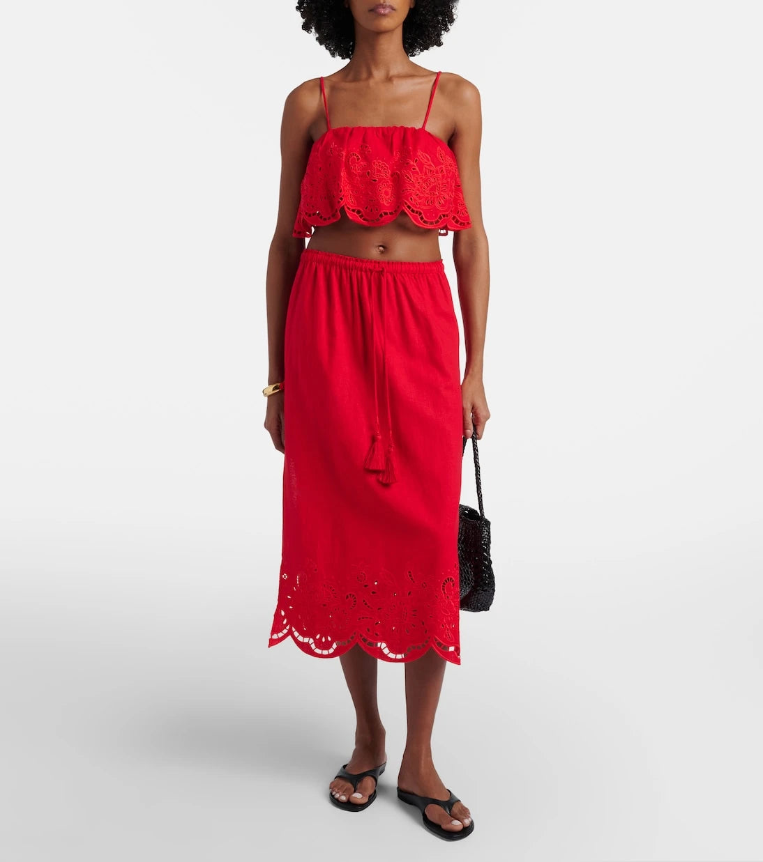 Farm Rio - Broderie anglaise linen-blend crop top