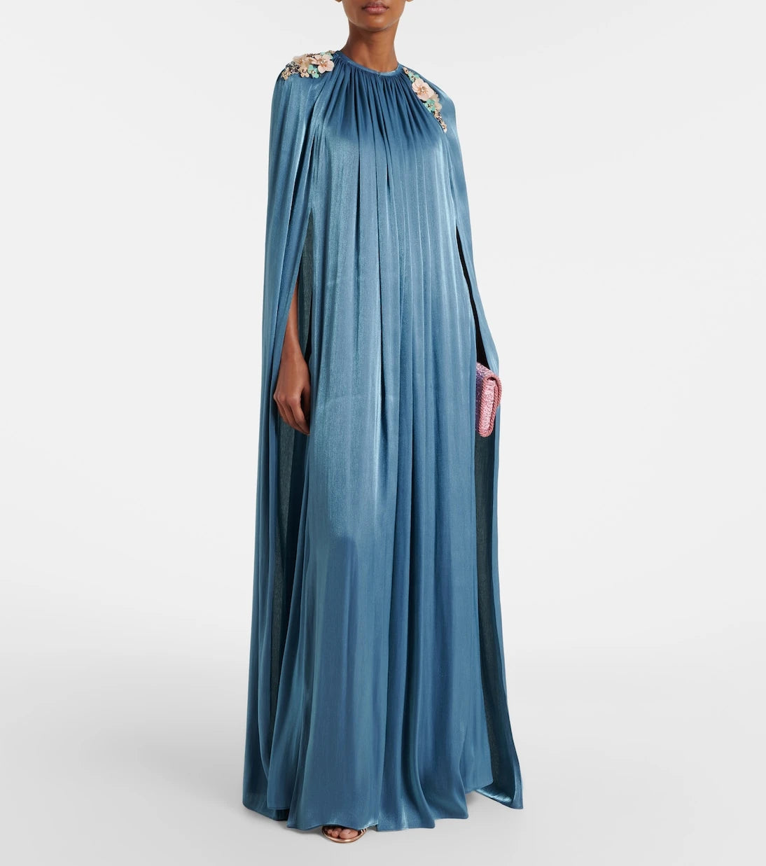 Costarellos - Embellished pleated caped bustier gown