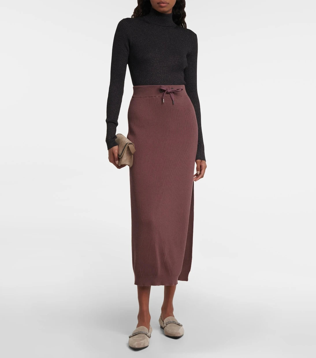 Brunello Cucinelli - Ribbed-knit cotton midi skirt