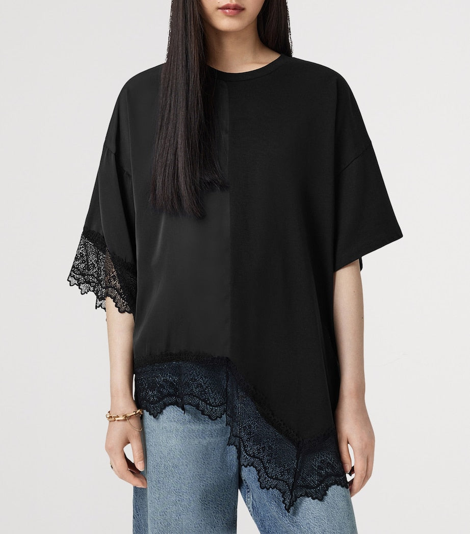AllSaints Black Cotton Lace-Trim Lenny T-Shirt