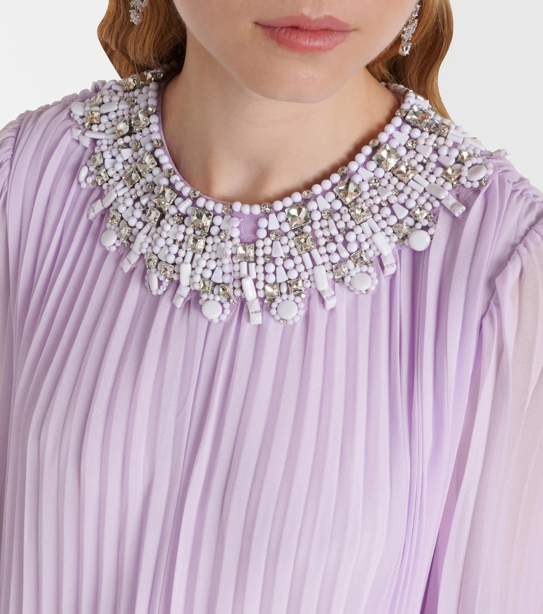 Self-Portrait - Feather-trimmed plissé chiffon maxi dress