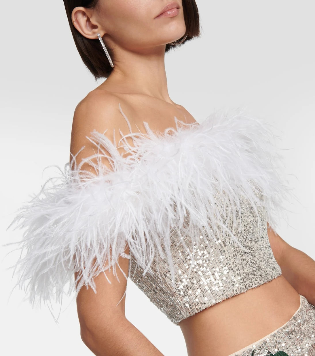 Self-Portrait - Sequined feather-trimmed crop top