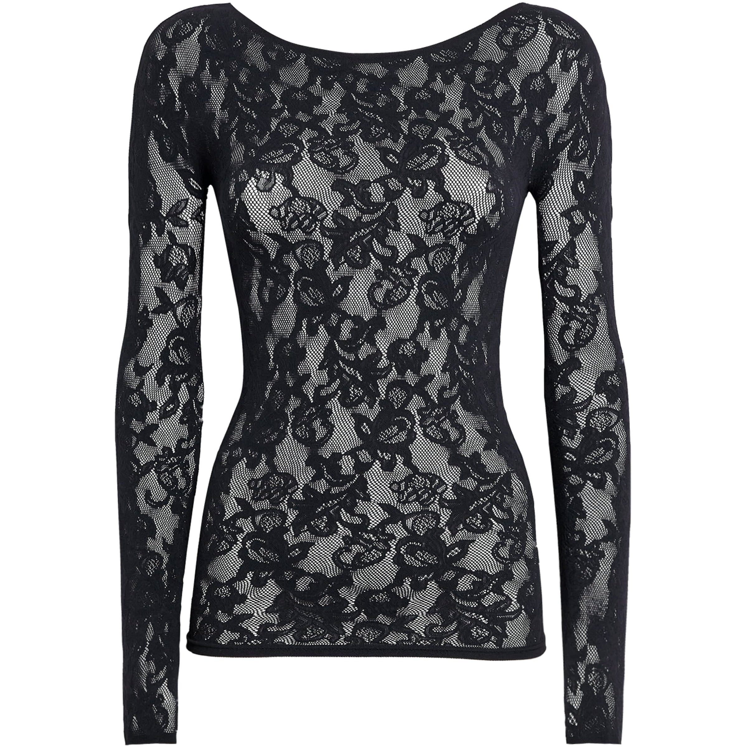 Skims Black Lace Boat-Neck Long-Sleeve T-Shirt