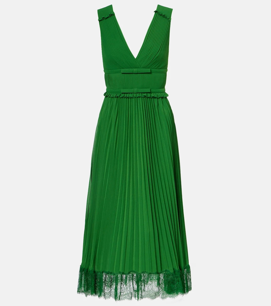Self-Portrait - Lace-trimmed plissé chiffon midi dress