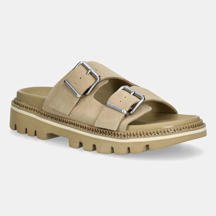 Велурени чехли Tommy Jeans DOUBLE STRAP SANDAL SUEDE