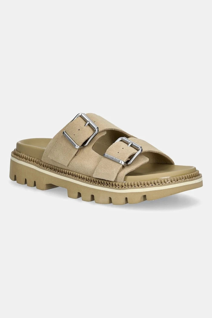 Велурени чехли Tommy Jeans DOUBLE STRAP SANDAL SUEDE