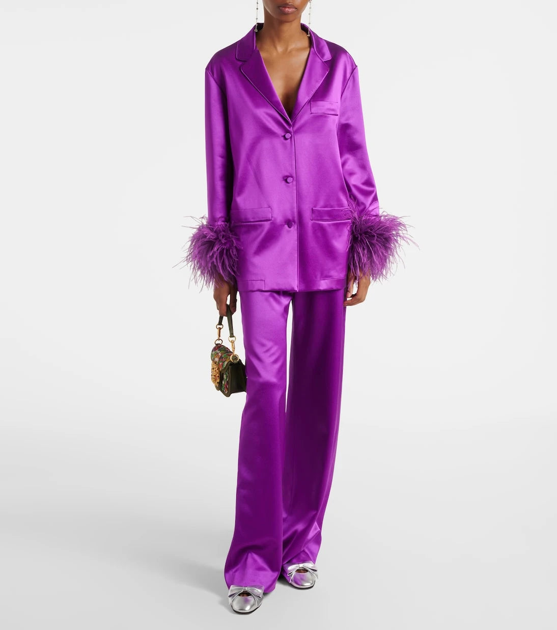 Valentino - Feather-trimmed silk satin shirt