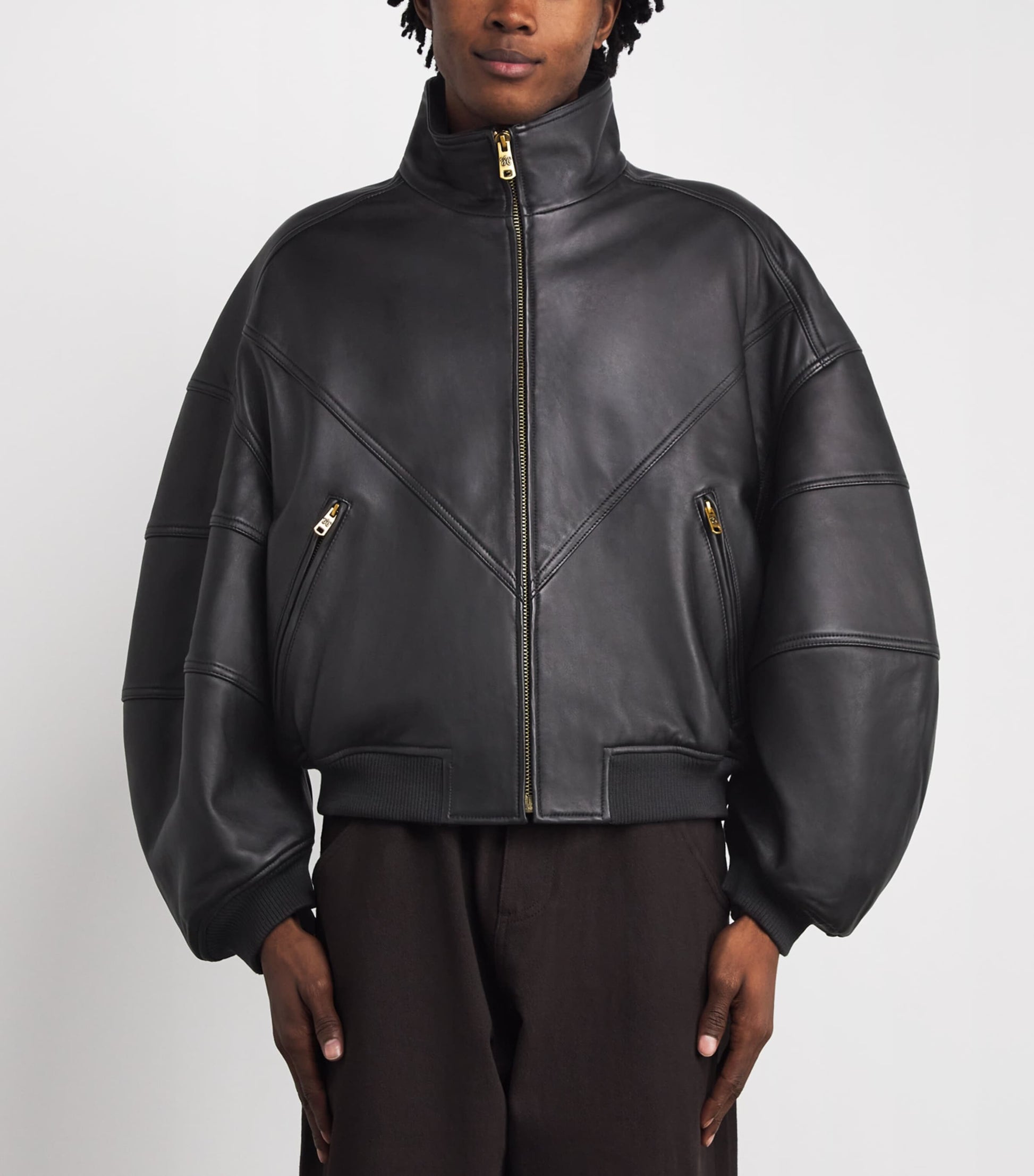 Willy Chavarria Black Leather Ruff Rider Bomber Jacket