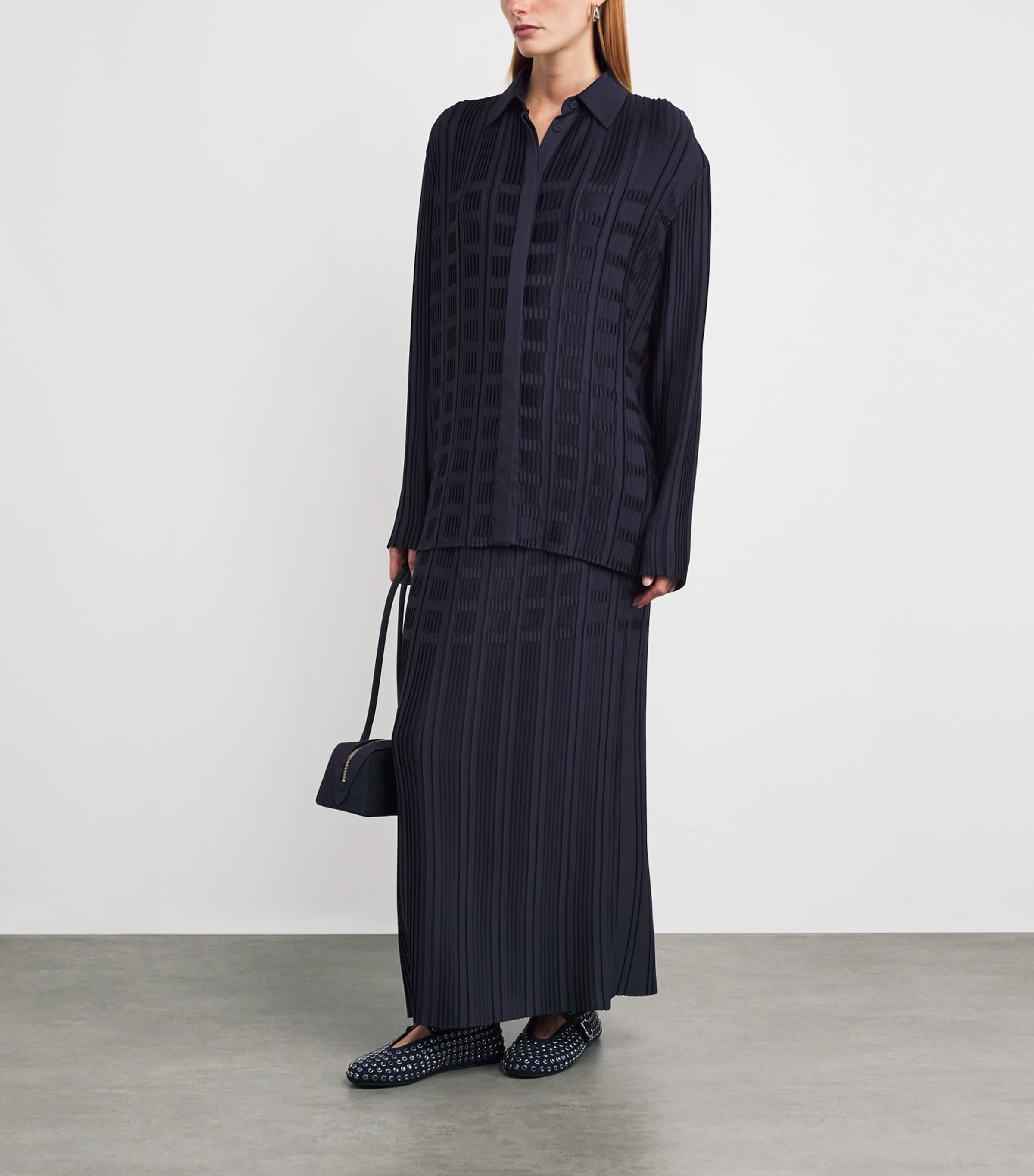 Navy Basketweave Plissé Midi Skirt