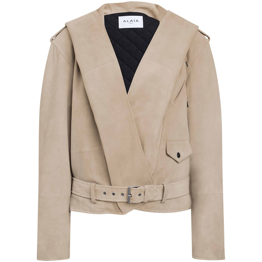 Alaïa Beige Suede Hooded Biker Jacket